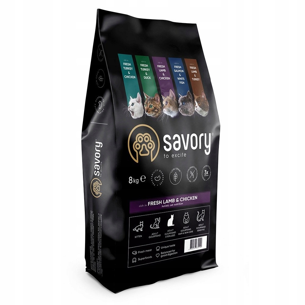 Savory,krmivo pro dospělé, sterilizované kočky, jehněčí a kuřecí maso, 8 kg