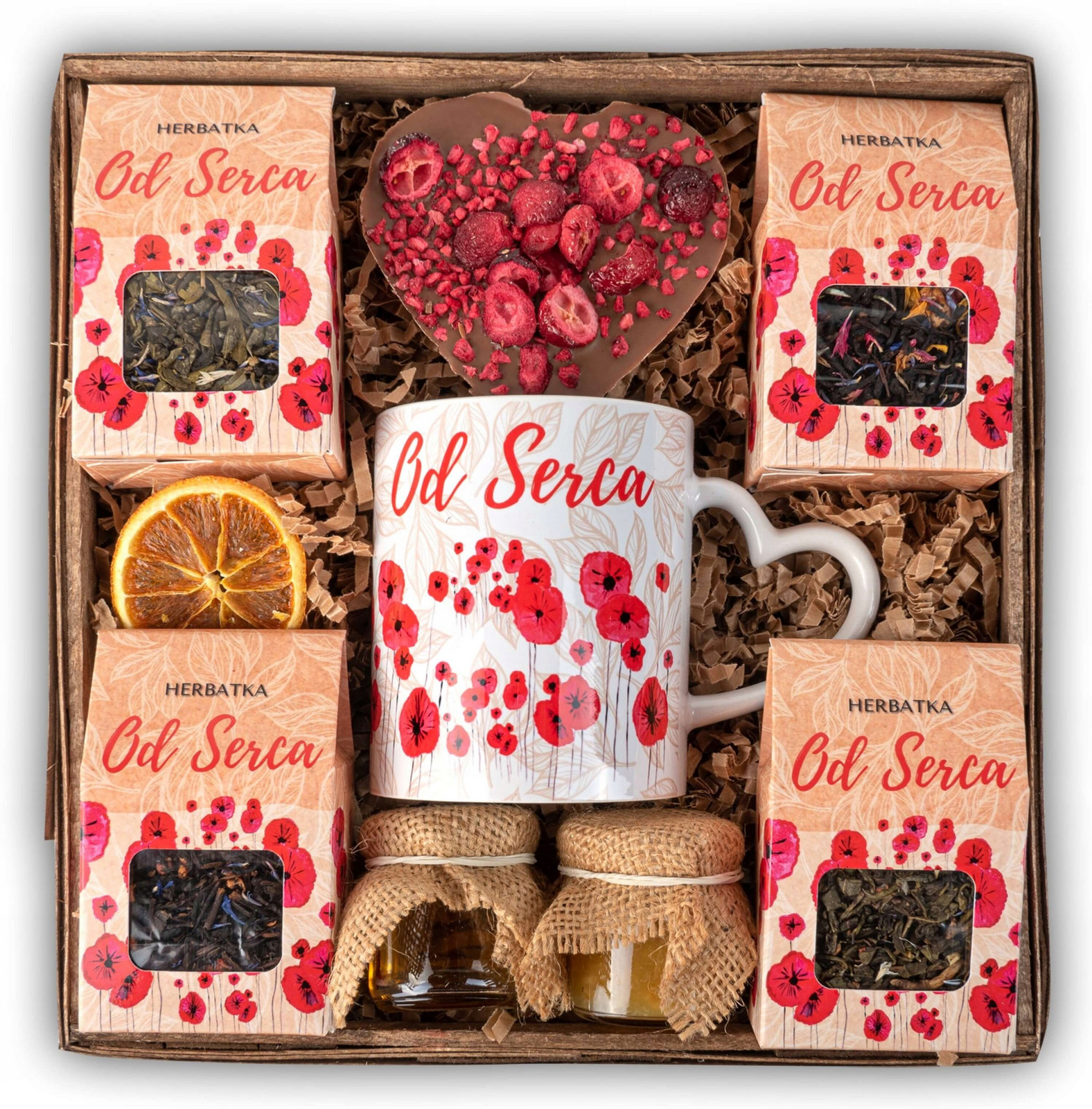 Set Herbat Dárkový koš od srdce s hrnkem, čokoládový medový zavařenina