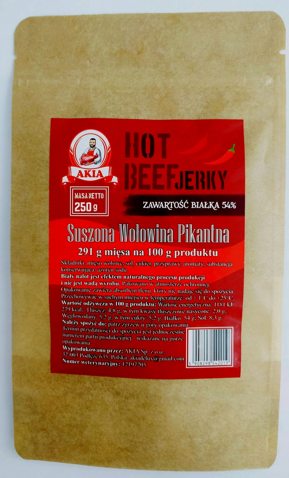 Akia Beef Jerky Hot, Sušené hovězí maso 250 g