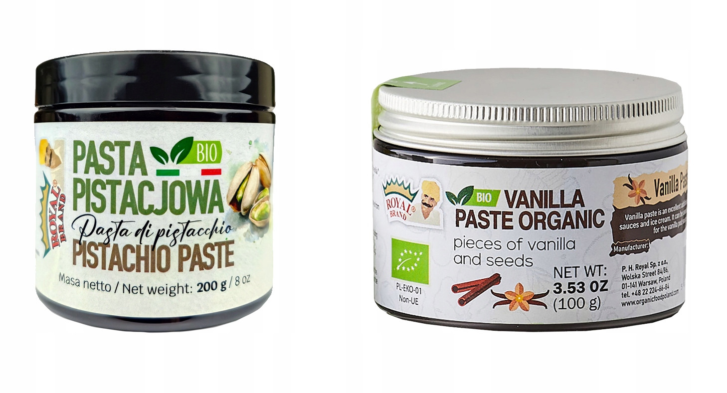 Přírodní Vanilková pasta Bio 100g Pistáciová pasta Bio 200g Royal Brand