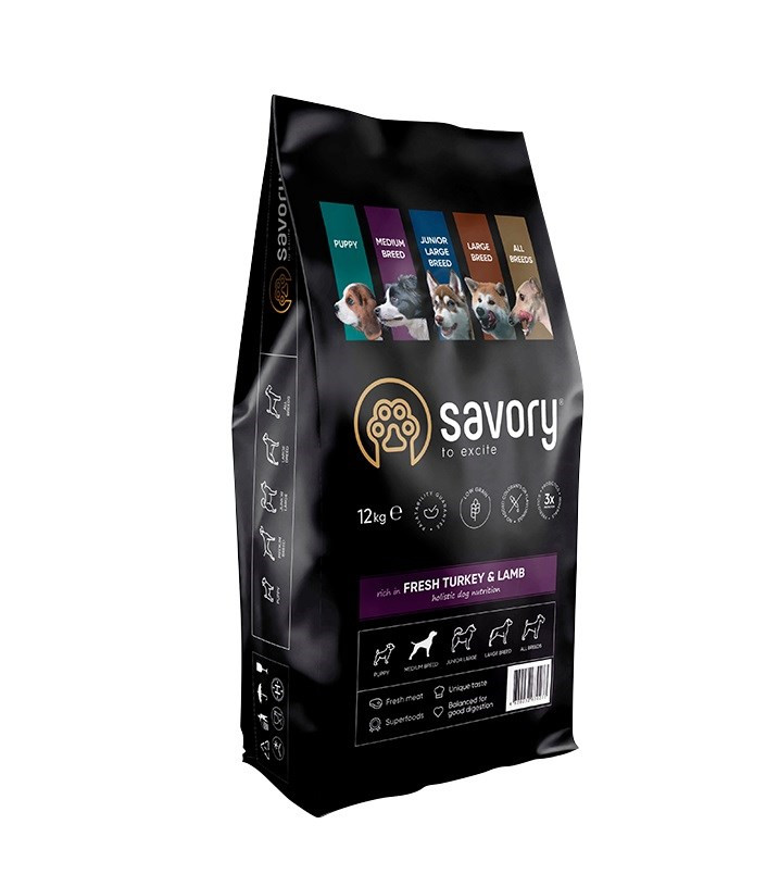 Savory, krmivo pro dospělé psy, střední plemena, krůta s jehněčím masem, 12 kg