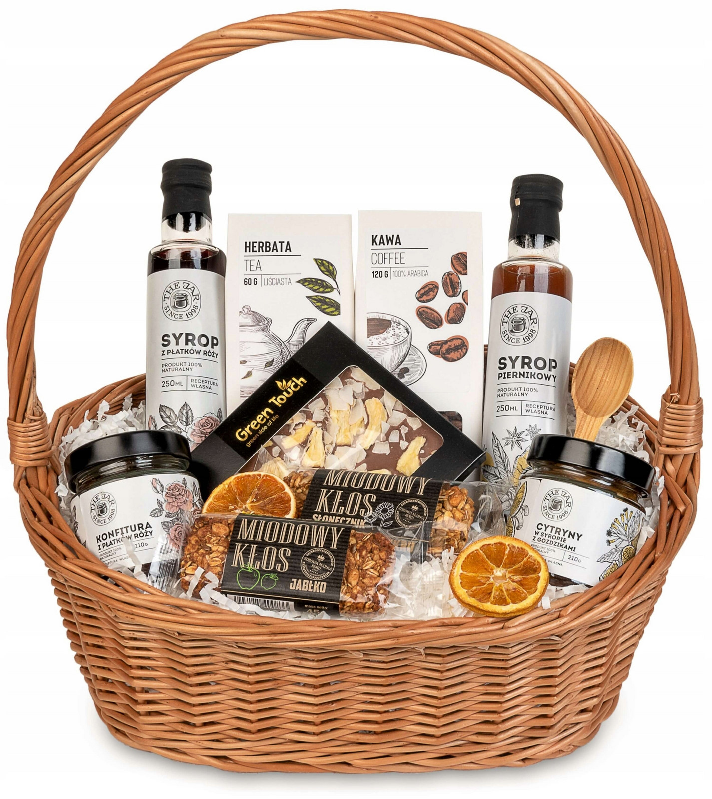 Dárkový koš motiv bílý proutěný s čajem a kávou sladkosti sirupy