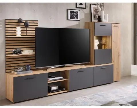 Obývací stěna Heathrow, dub artisan/antracit, s osvětlením