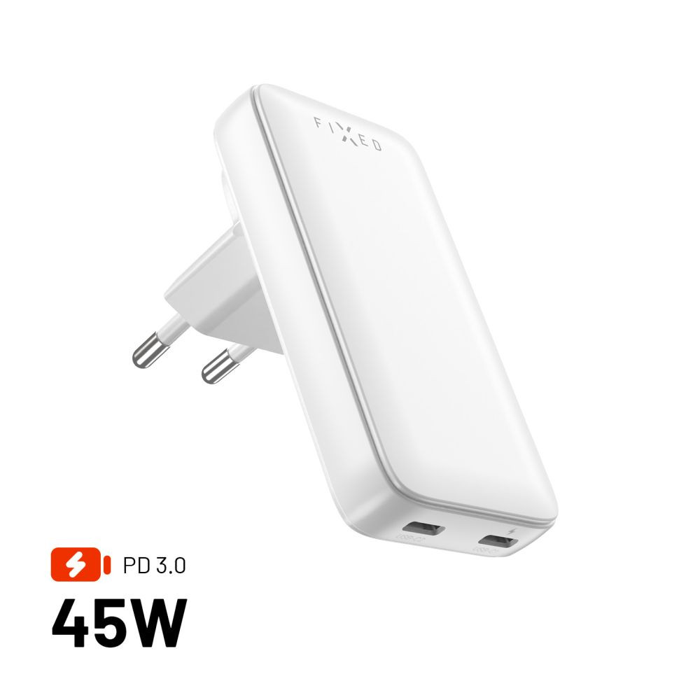Síťový GaN adaptér FIXED Slim Traveller s 2x USB-C výstupem s vyměnitelnými adaptéry, 45W, bílý