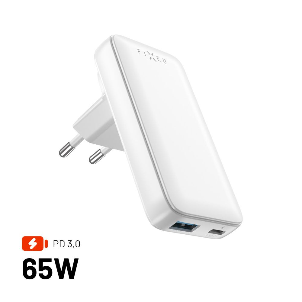Síťový GaN adaptér FIXED Slim Traveller s USB-C a USB výstupem s vyměnitelnými adaptéry, 65W, bílý