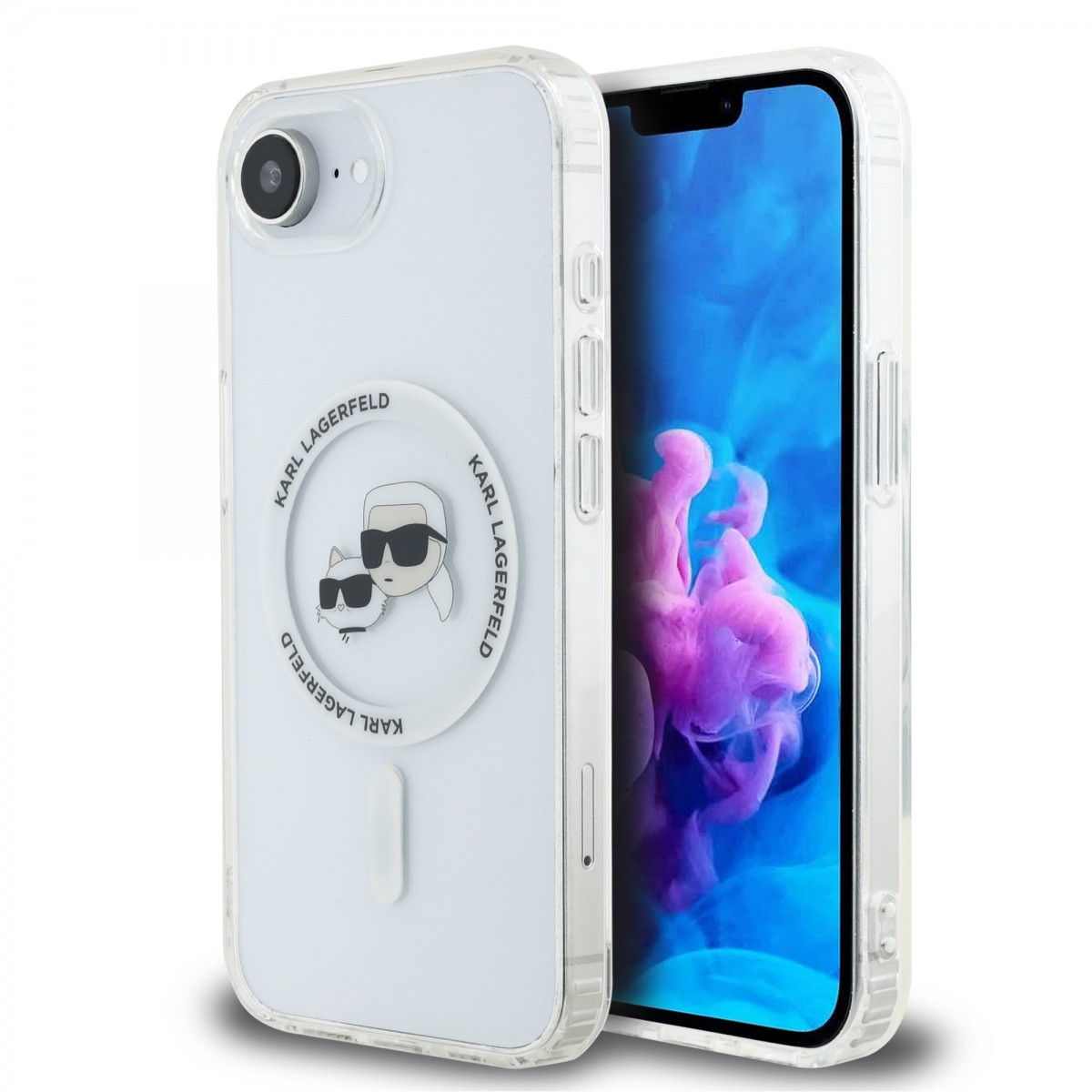 Zadní kryt Karl Lagerfeld IML K&CH Heads Metal Frame MagSafe pro iPhone 16e Transparent