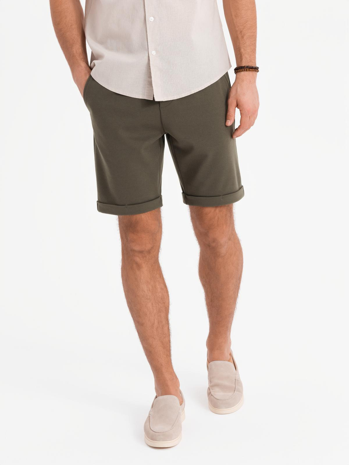 Ombre Men's knit shorts with rolled up legs - olive