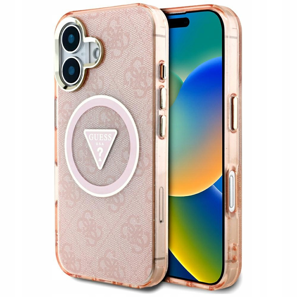 Pouzdro Guess IML Metal Glitter 4G Triangle MagSafe pro iPhone 16, růžové