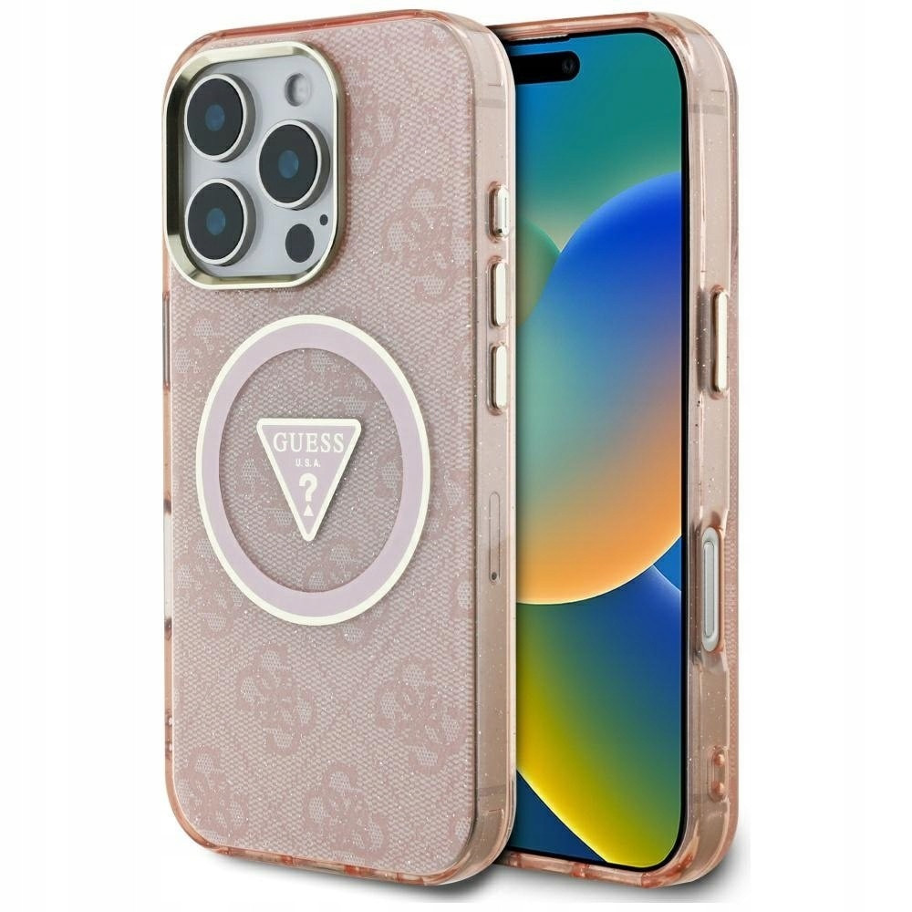 Pouzdro Guess Metal Glitter 4G Circle Triangle MagSafe pouzdro pro iPhone 16 Pro růžové