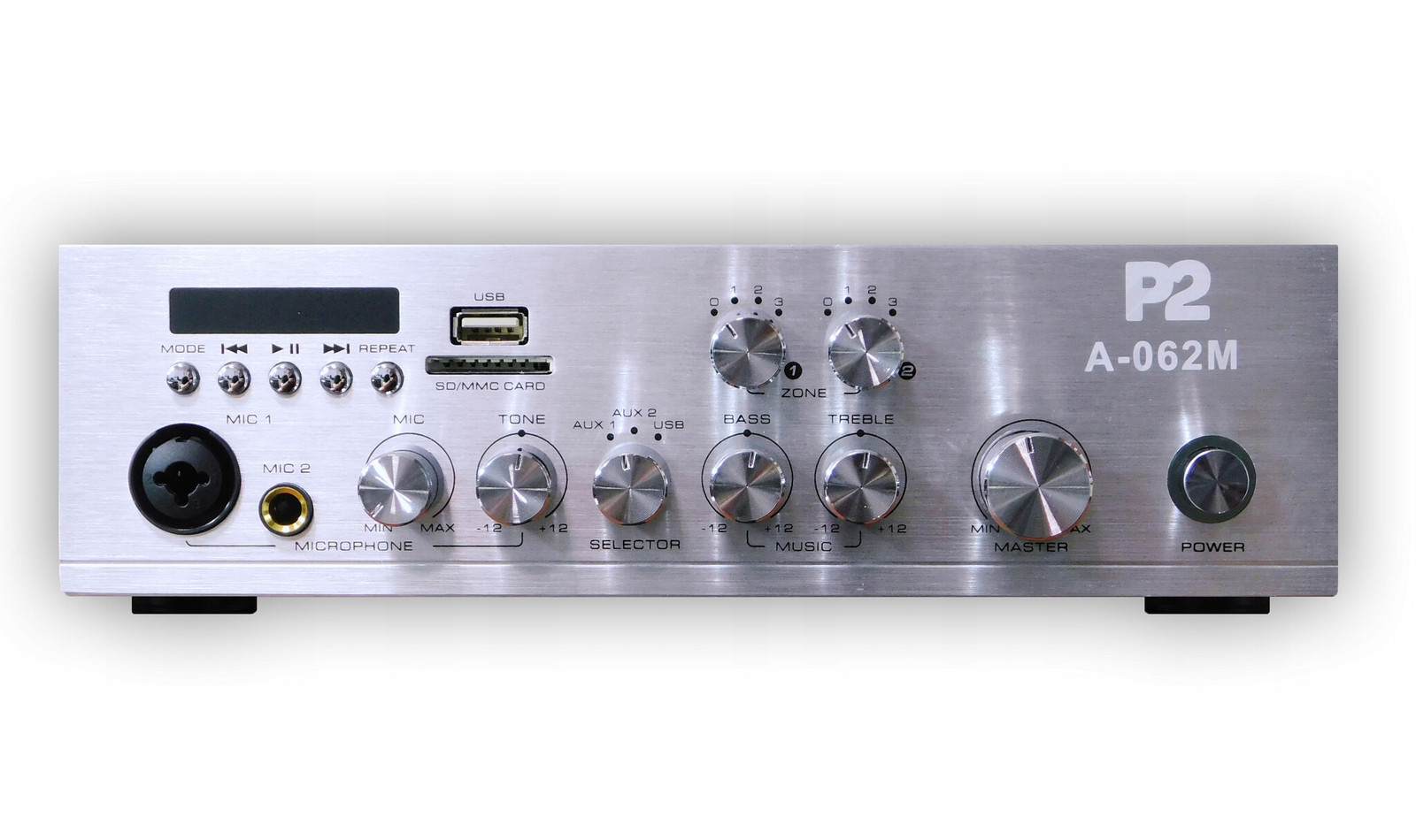 P2 A-062M – 2-zónový zesilovač s mixážním pultem, Bluetooth a Usb