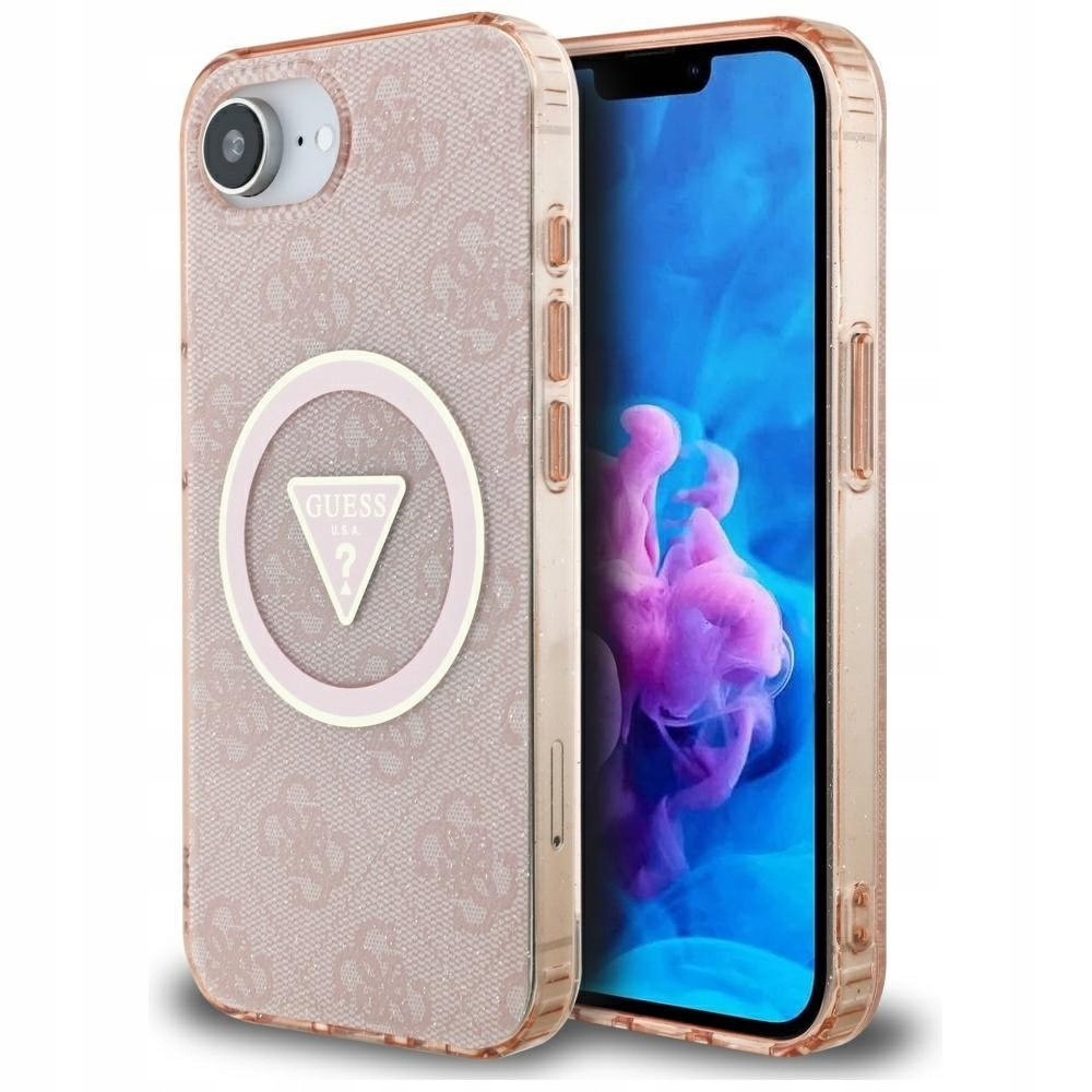 Pouzdro Guess IML Metal Glitter 4G Circle Triangle MagSafe pro iPhone 16e růžové