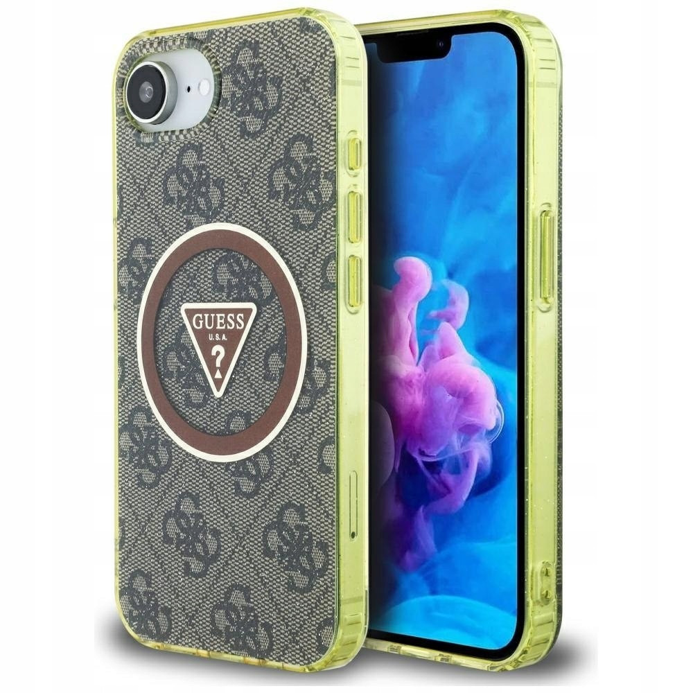 Pouzdro Guess IML Metal Glitter 4G Circle Triangle MagSafe pro iPhone 16e, hnědé