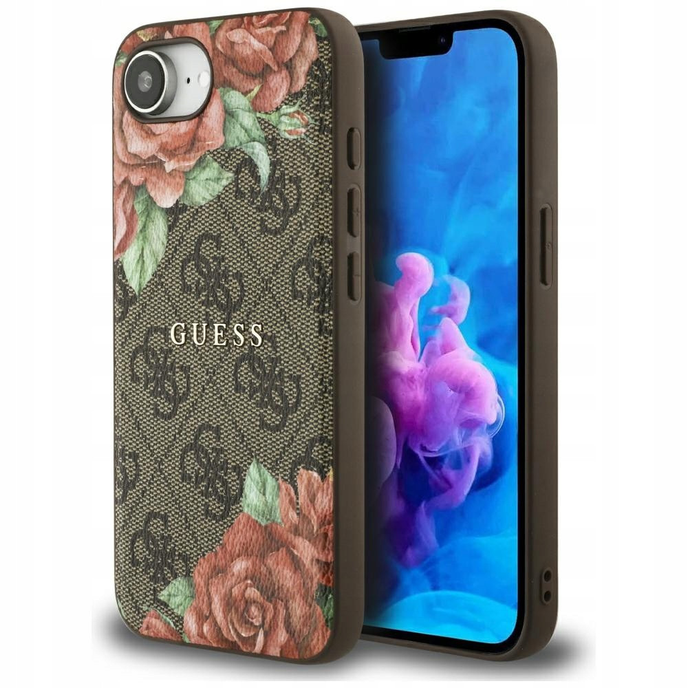 Pouzdro Guess 4G Flowers Print MagSafe pro iPhone 16e, hnědé