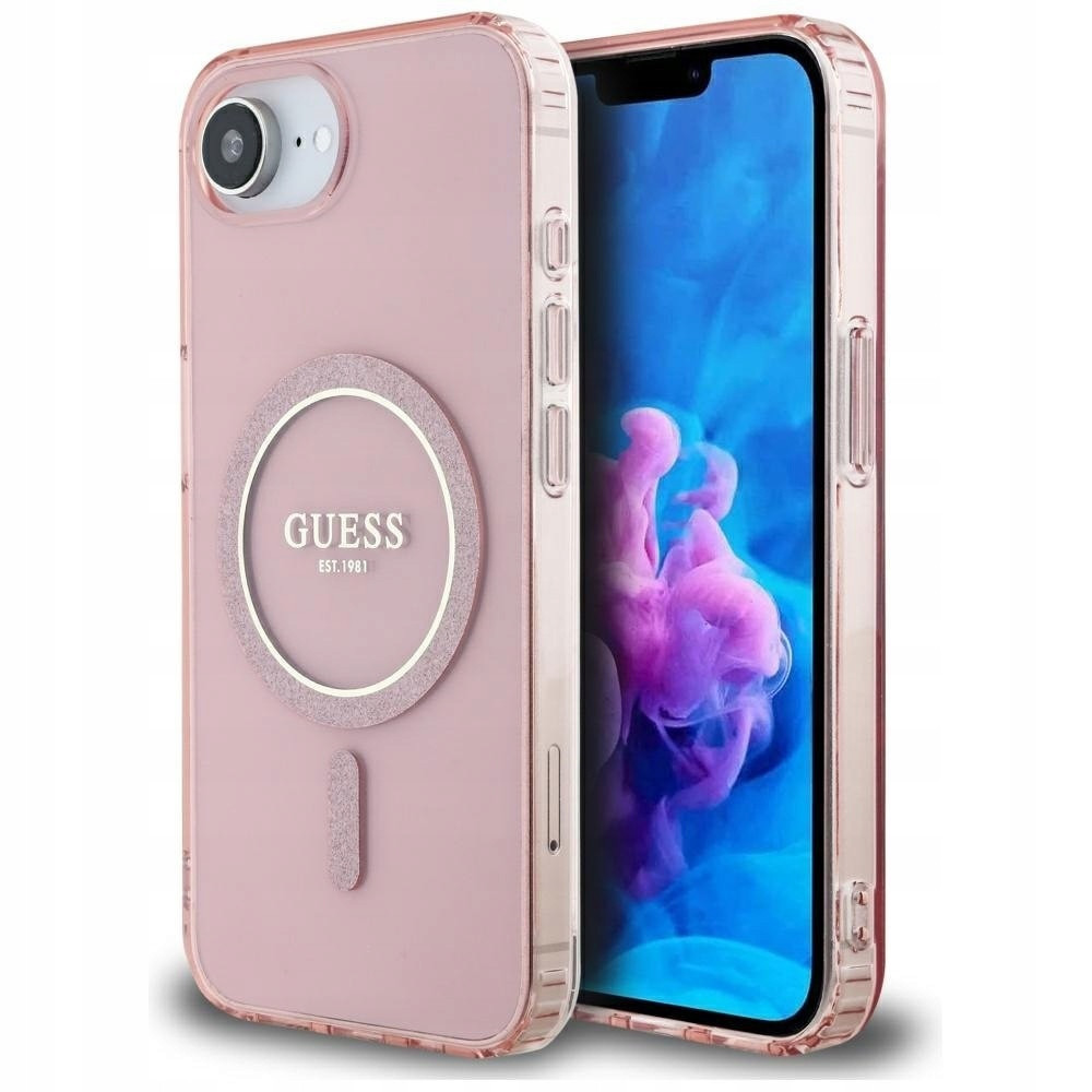 Pouzdro Guess IML Glitter Circle MagSafe pro iPhone 16e, růžové
