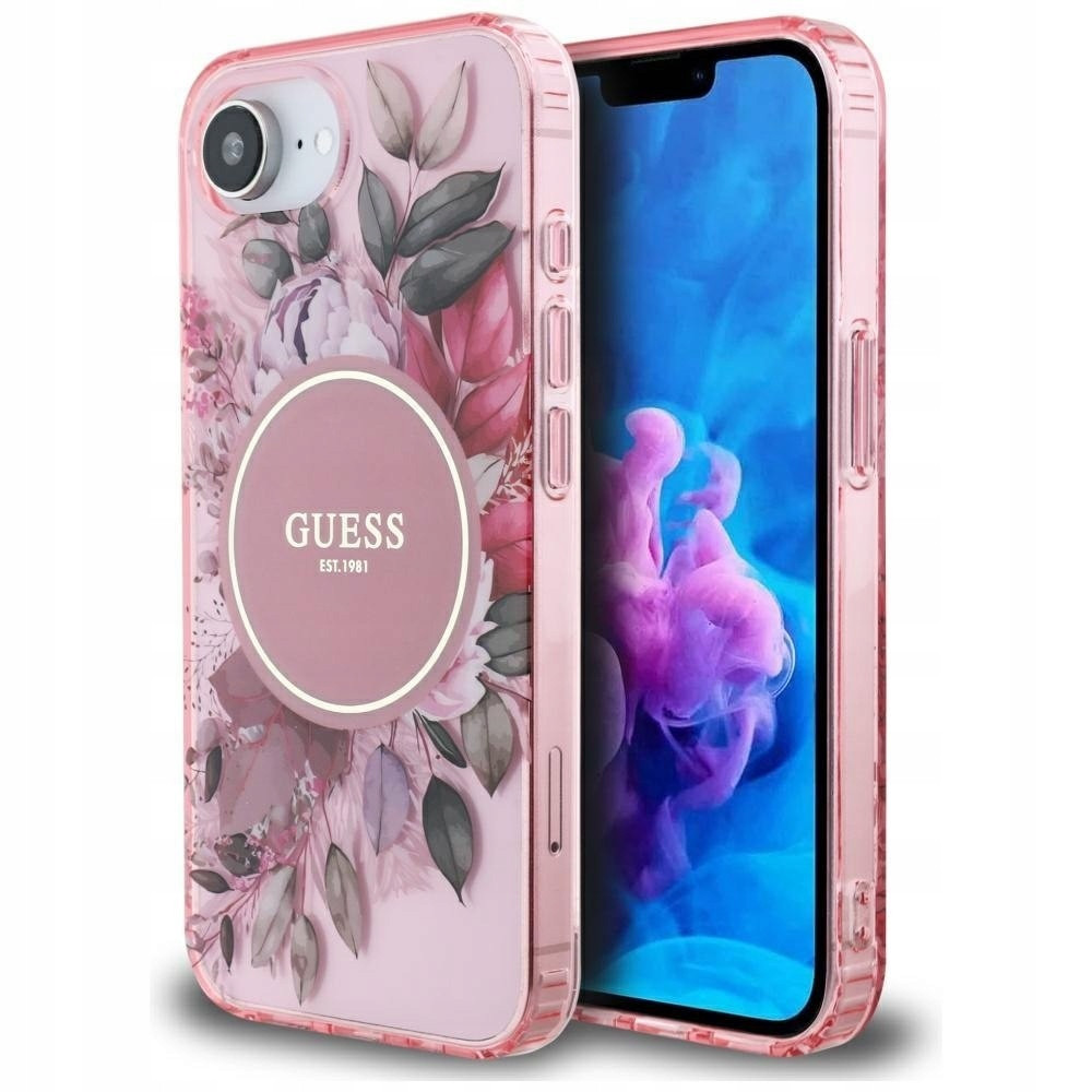 Pouzdro Guess IML Flowers MagSafe pro iPhone 16e, růžové