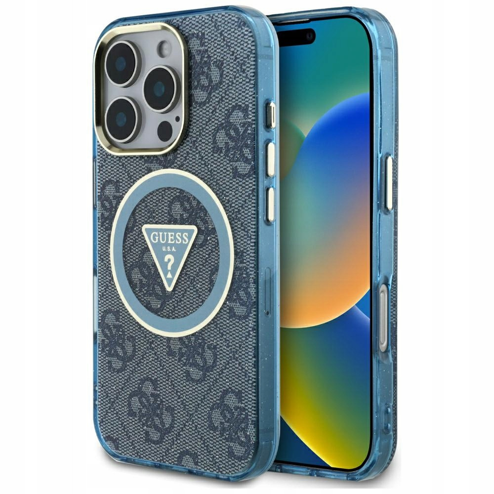 Pouzdro Guess Metal Glitter 4G Circle MagSafe pro iPhone 16 Pro Max modré