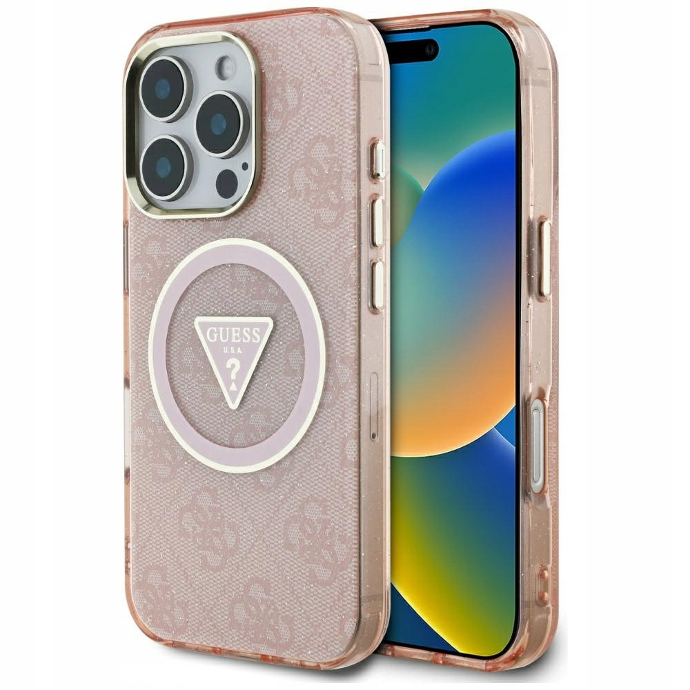 Pouzdro Guess IML Metal Glitte Triangle MagSafe pro iPhone 16 Pro Max, růžové