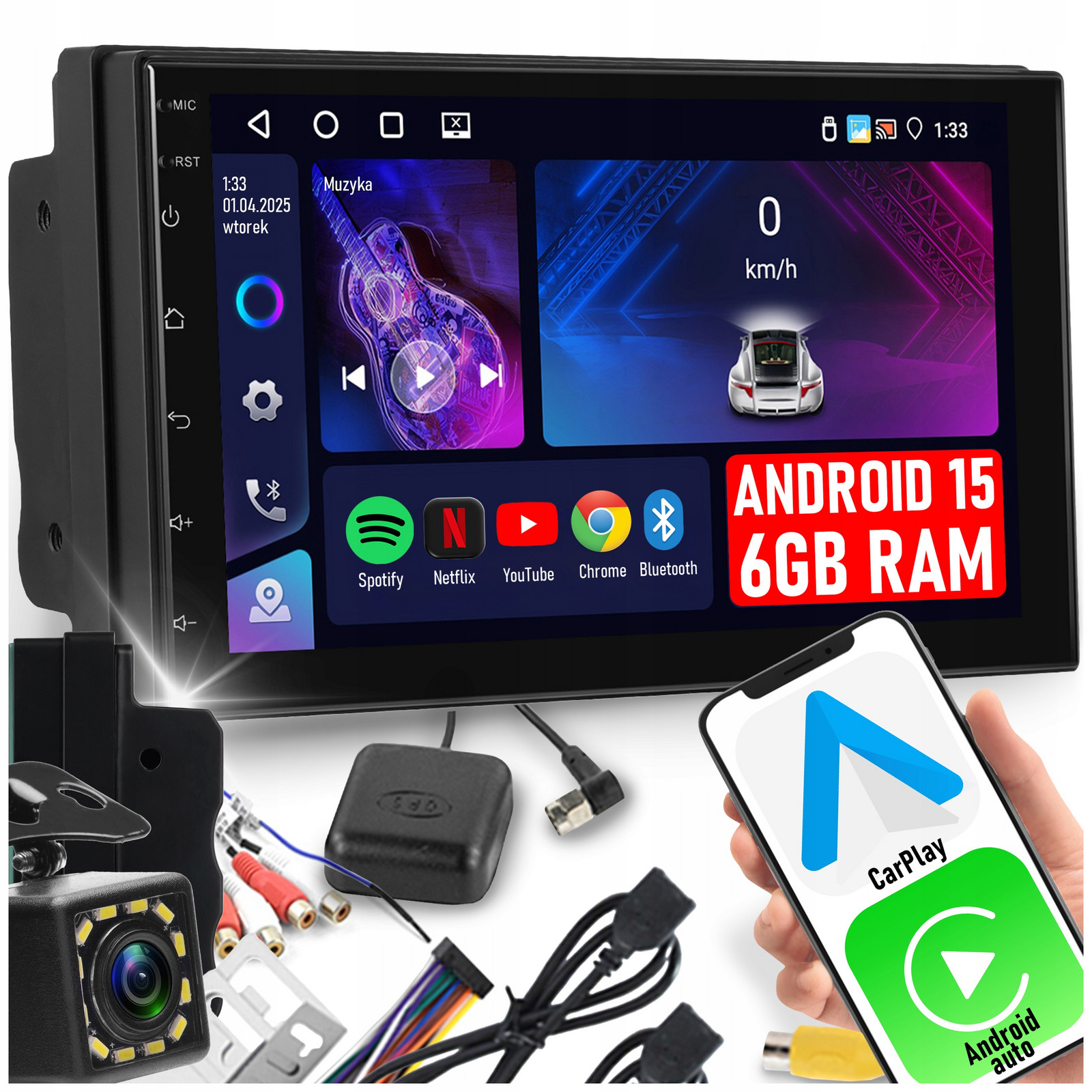 Autorádio 2 Din 6GB Ram Android Auto Carplay Android 15 Rds Dsp 7