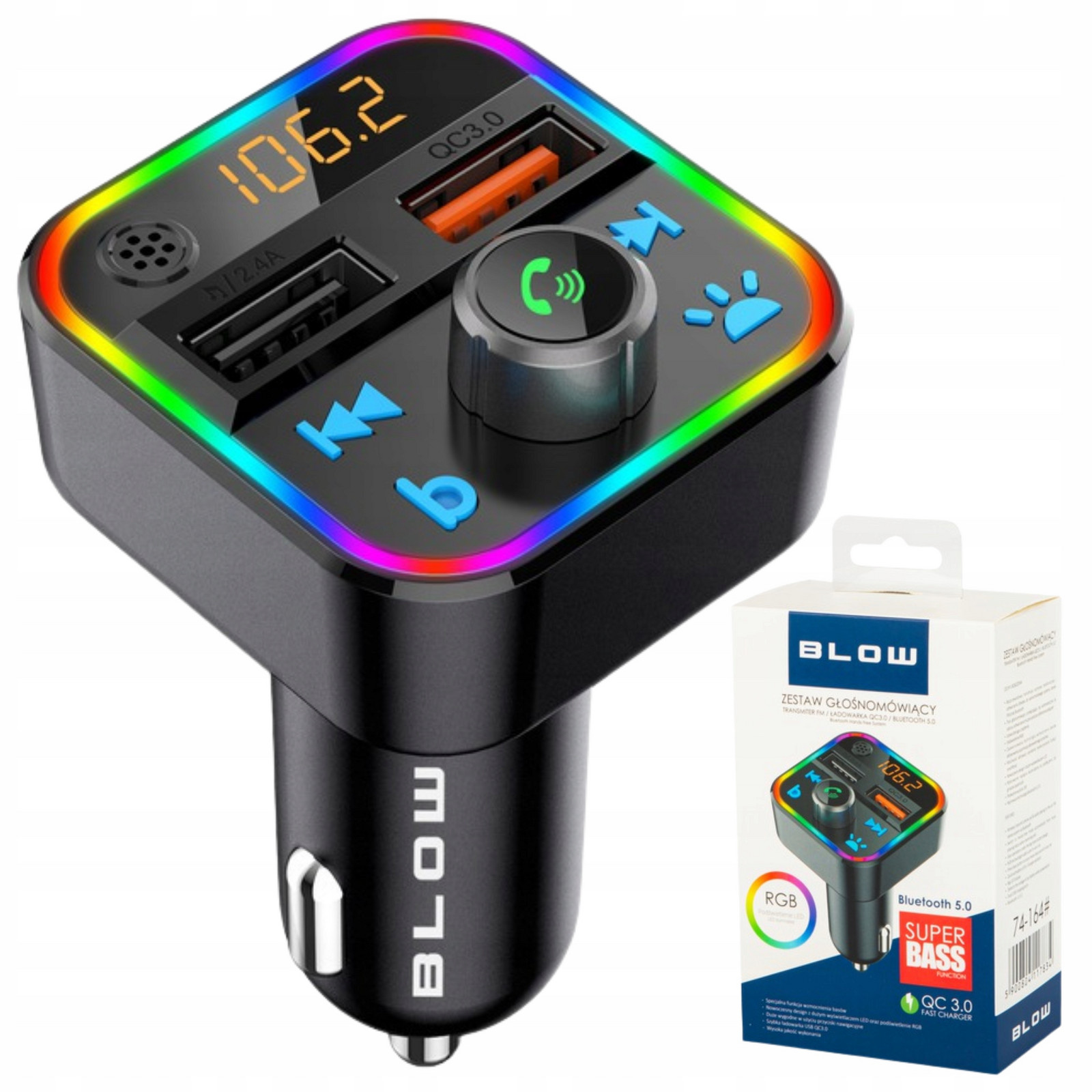 Fm transmitter Fast Usb Nabíječka Qc Rgb Bluetooth