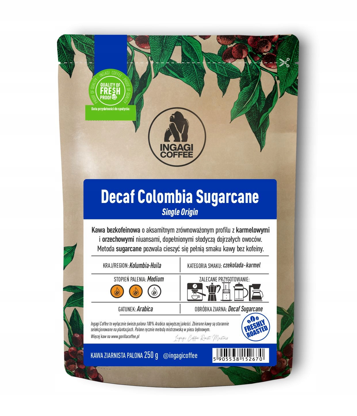 Káva bez kofeinu Kolumbie zrnková 1 kg Decaf Colombia Sugarcane