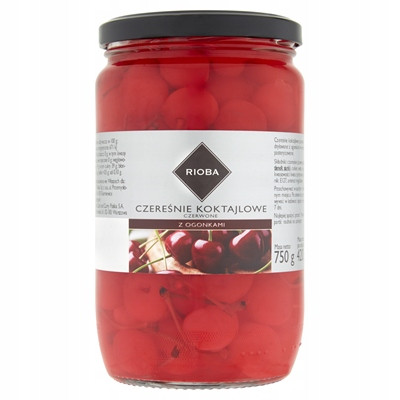 Koktejlové červené třešně s ocásky 750 g Rioba