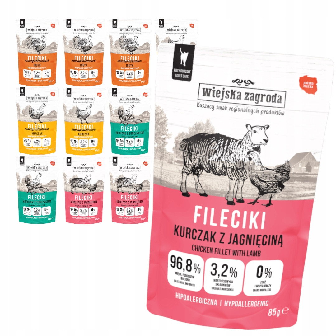 Wiejska Zagroda 12x85 g Mokré Krmivo Pro Kočky Filetky v omáčce Mix 4 příchutí