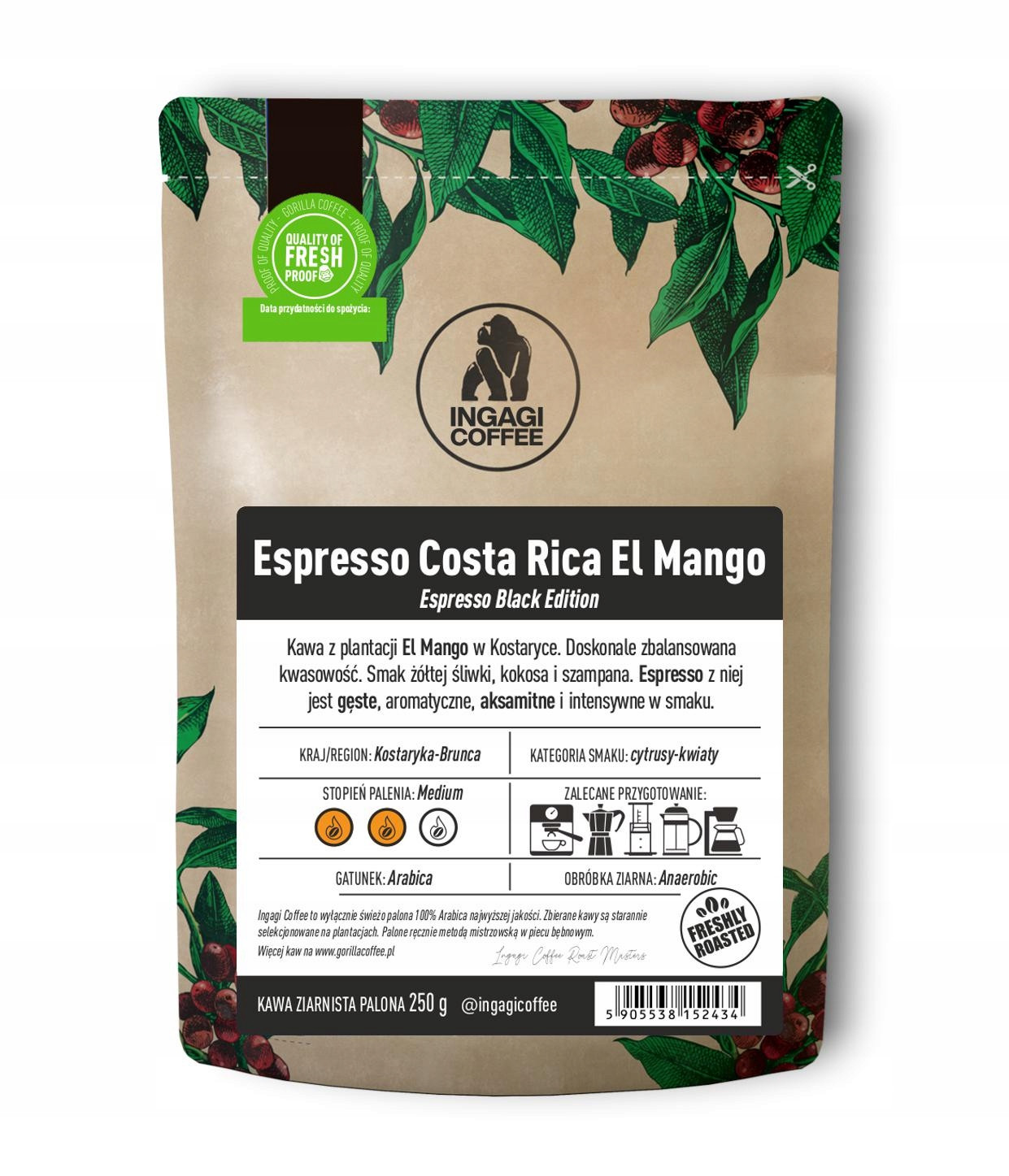 Káva zrnková Espresso Kostarika El Mango 1 kg čerstvě pražená Black Edition