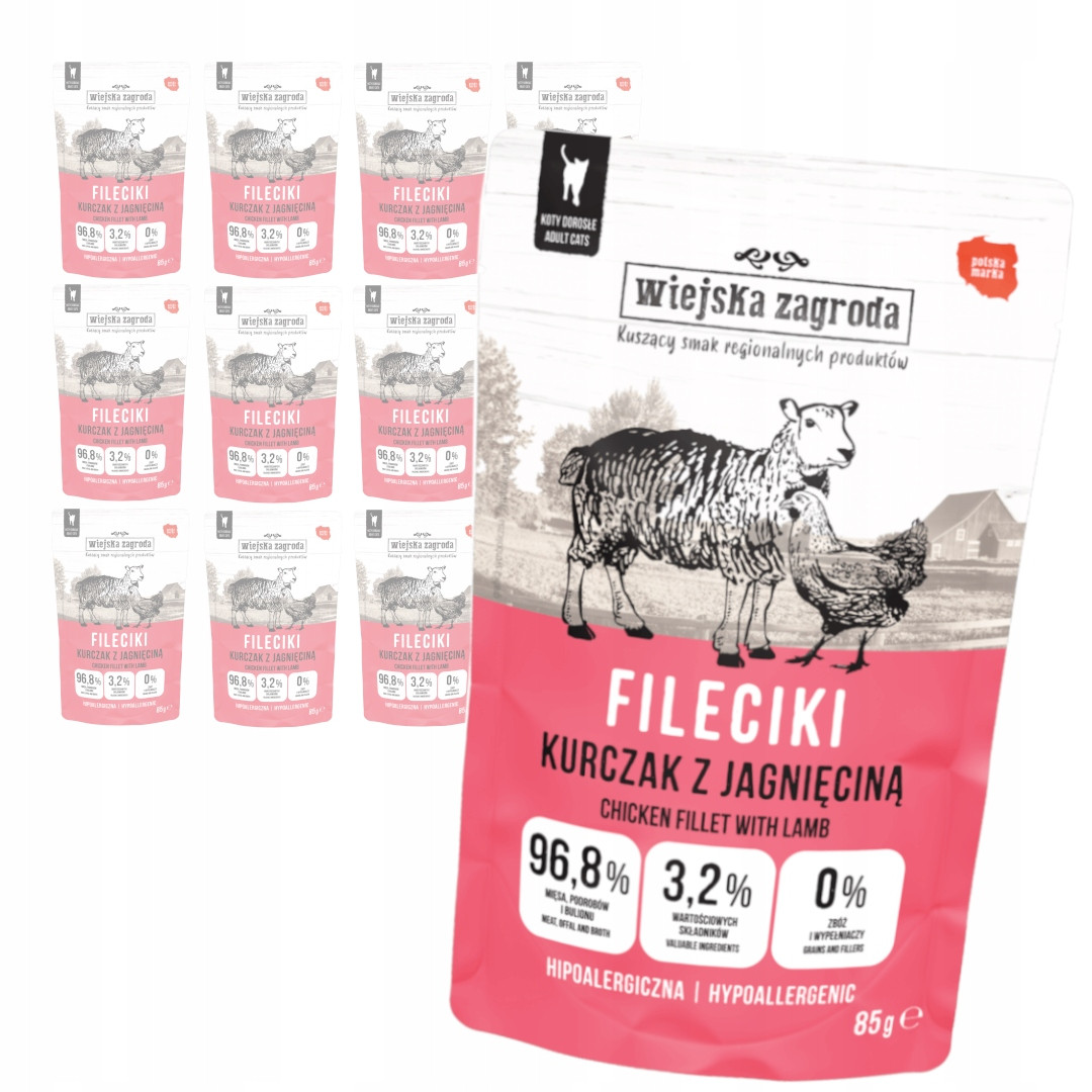 Wiejska Zagroda 12x85 g Mokré Krmivo Pro Kočky Kuřecí filetky s jehněčím masem