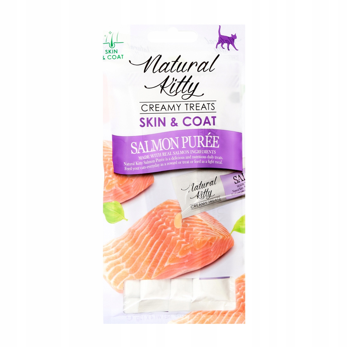 Natural Kitty, pamlsky pro kočky, pyré z lososa (kůže a srst), 12 x 48 g