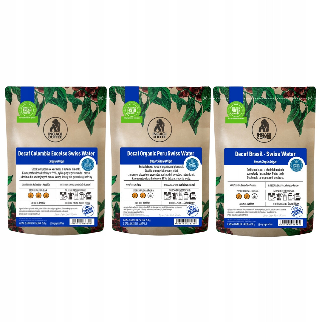 Sada zrnkových káv 3 x 250 g Bezkofeinové Arabiky Swiss Water