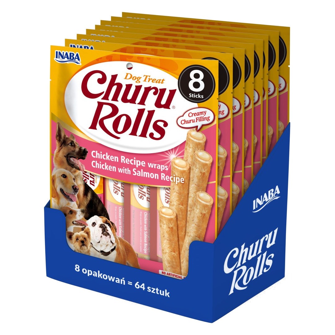 Inaba Dog Churu Rolls Wraps 4x96g Psí Pamlsek Kuřecí losos 3+1 Bonus