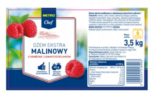 Metro Chef Extra malinový džem se sníženým obsahem cukrů 3,5 kg