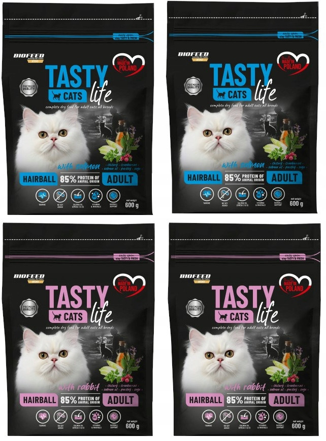 Biofeed 2 příchutě! krmivo pro kočky suchý hair ball 4 x 600g. pýcha!!