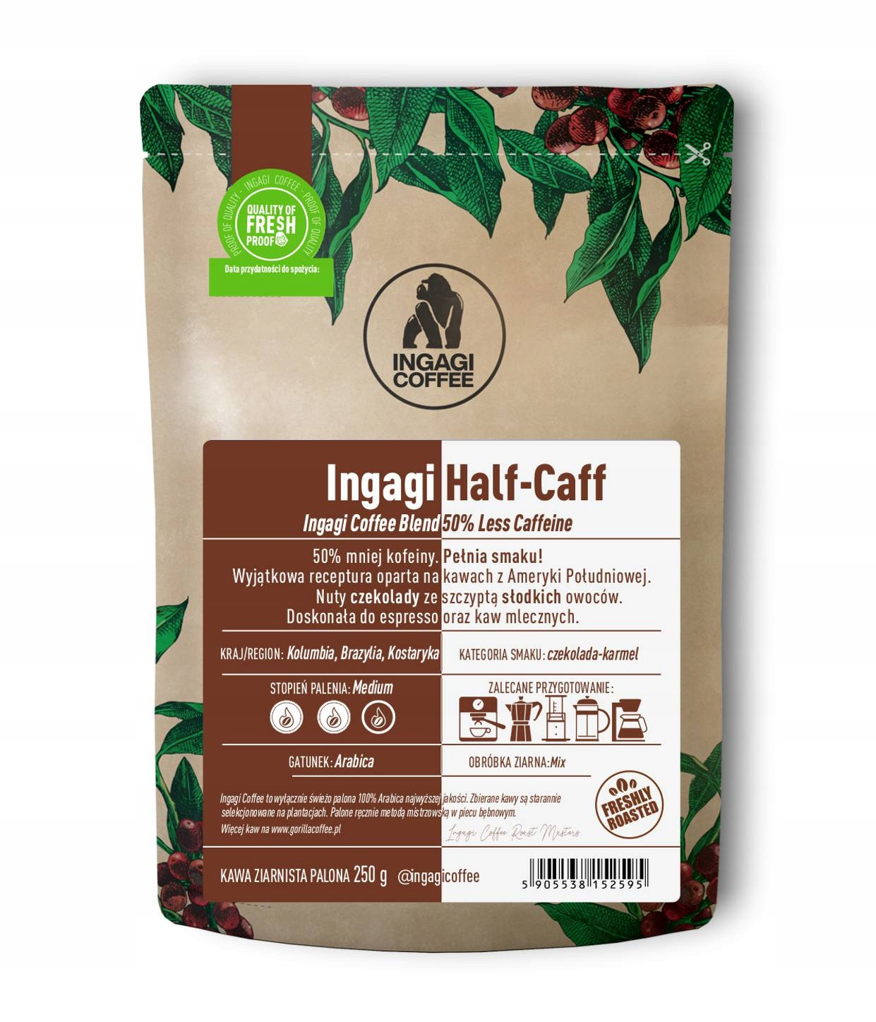 Káva zrnková 1 kg Ingagi Half Caff , o 50 % méně kofeinu Novinka arabika