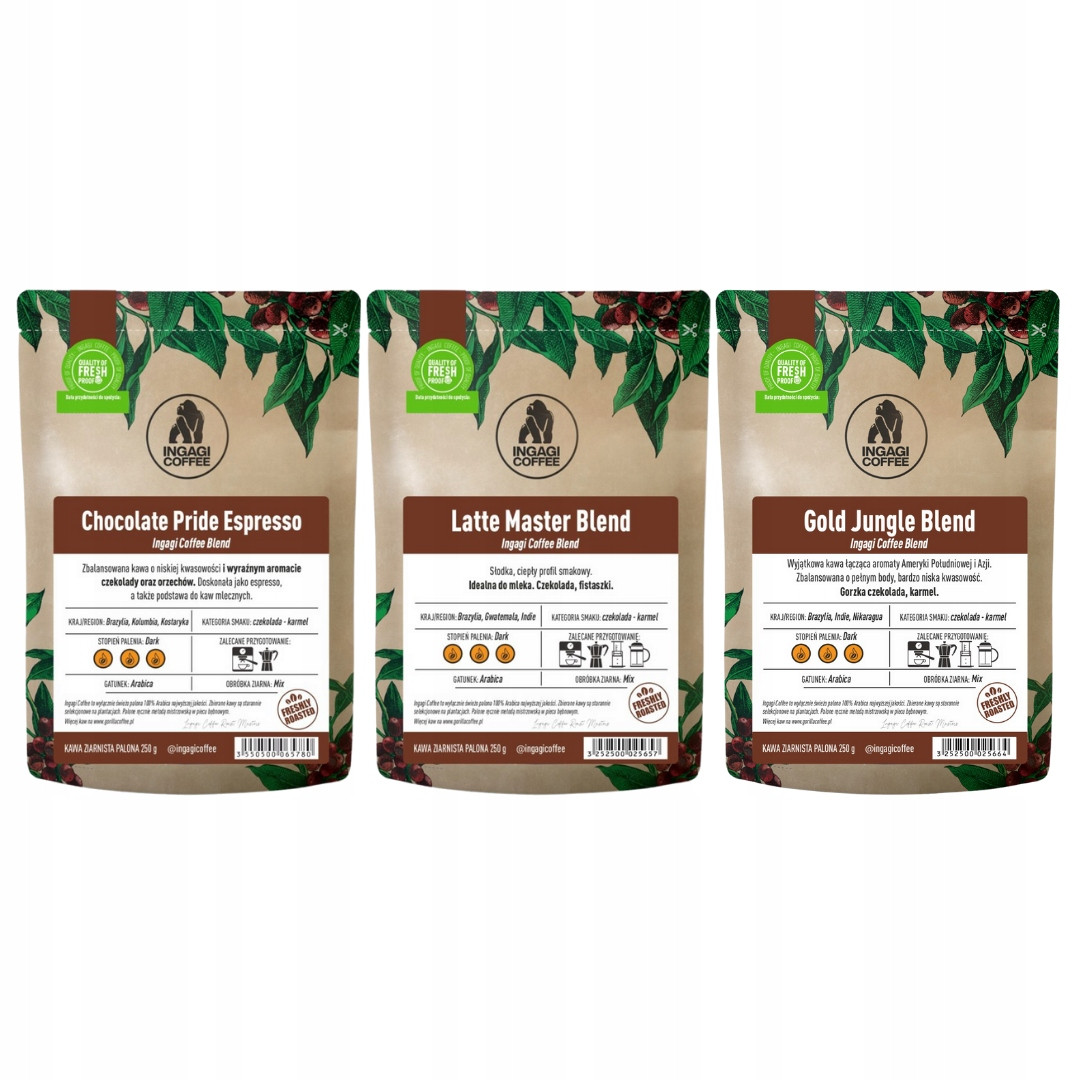 Sada zrnkových káv 3 x 250g arabika 100 % blend Ingagi Coffee