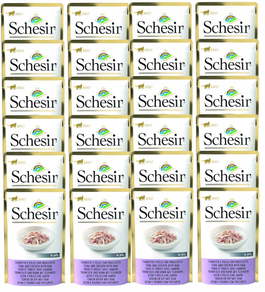 Mokré krmivo pro kočky Schesir Adult Tuňák s kuřecím masem a šunkou 12x85g