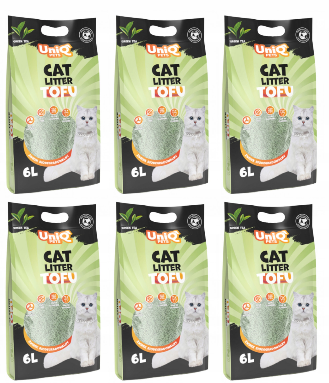 Uniq Pets Stelivo Tofu pro kočky biologicky rozložitelné Zelený čaj 6 l x 6 ks