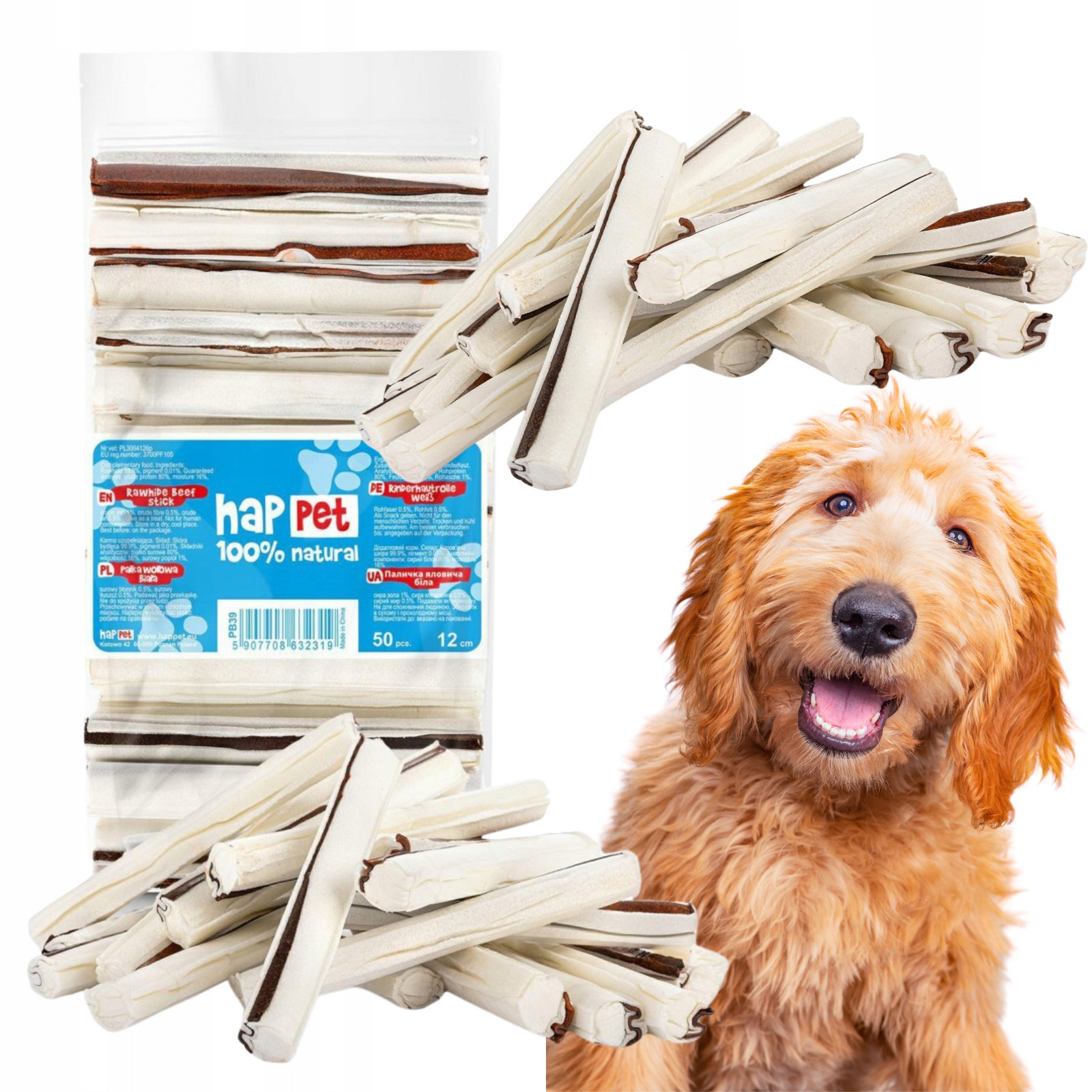 Pamlsek Kousátko Pro Psa Palička Přírodní Zabalená 17,5 CM 50 Kusů