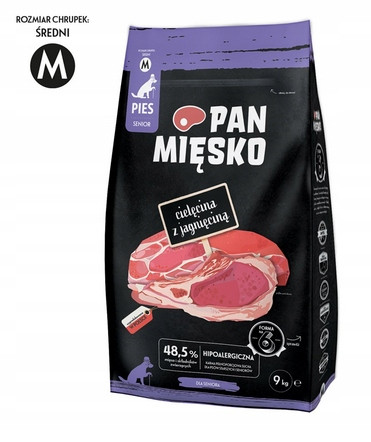 Pan Mięsko Krmivo suché pro psa Telecí s jehněčím masem křupky M 9 kg