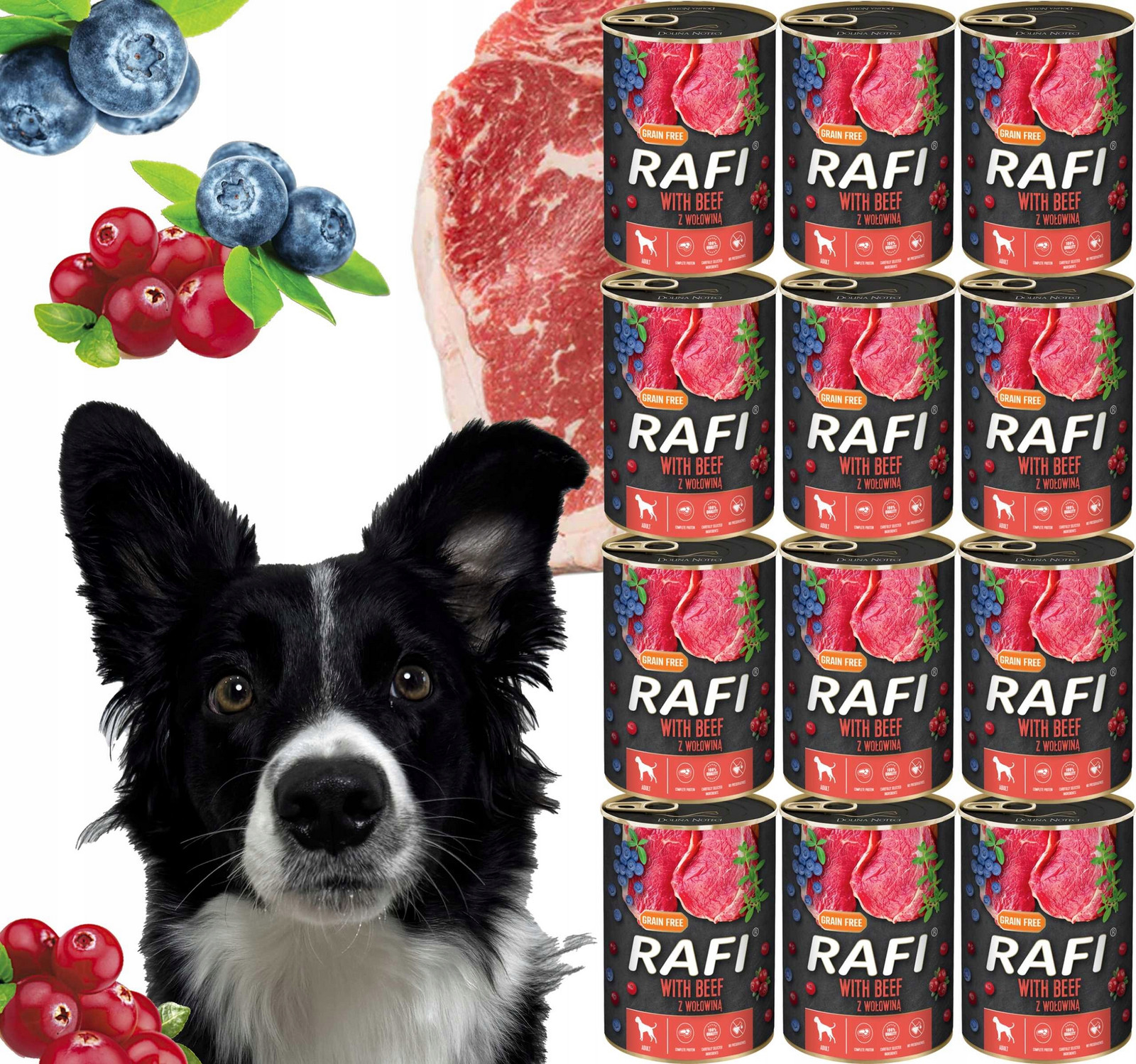 Krmivo pro psy Rafi s hovězím masem, borůvkou a brusinkami 400 g 12 ks