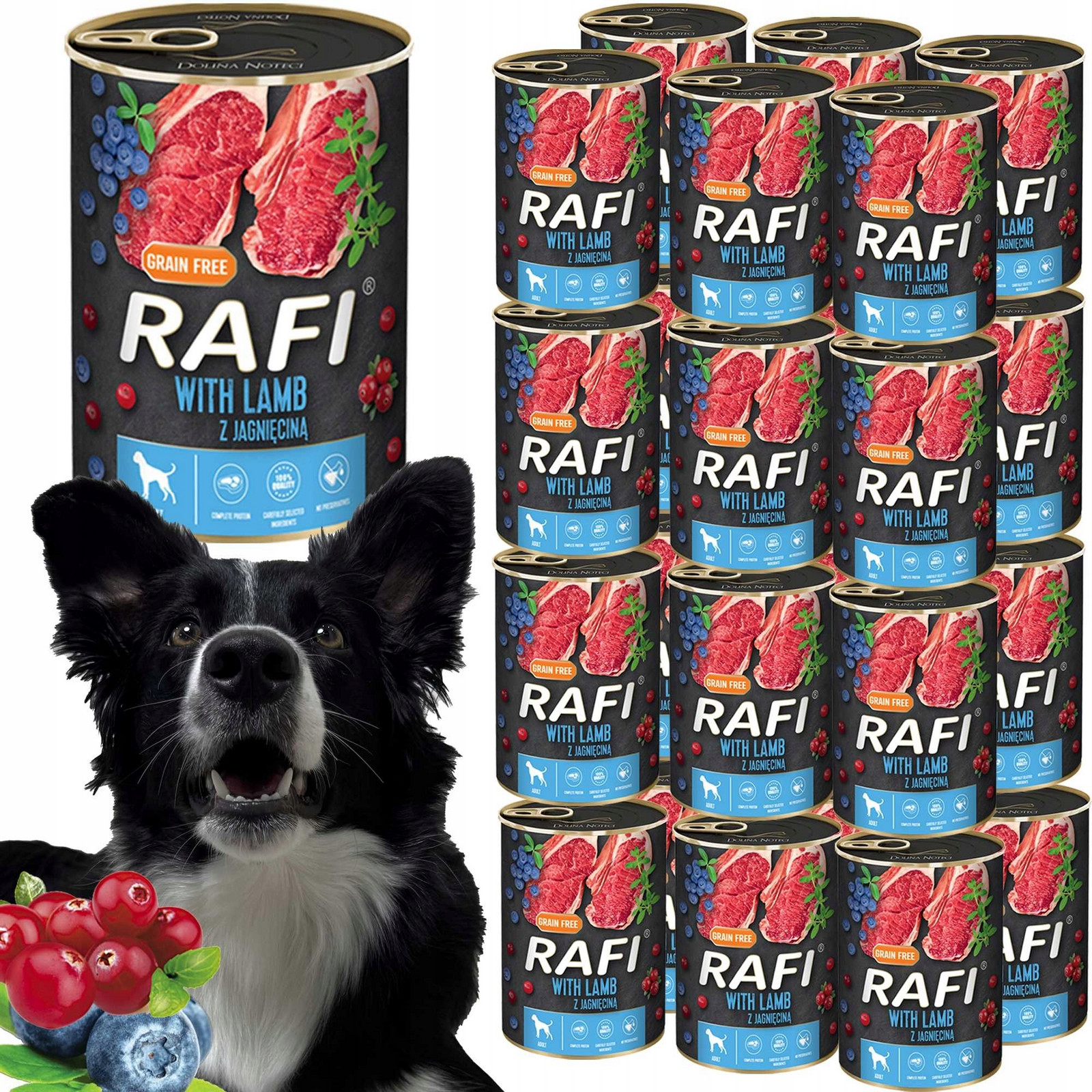 Krmivo mokré pro psy Rafi s jehněčím masem, borůvkou a brusinkami 400 g 24 ks