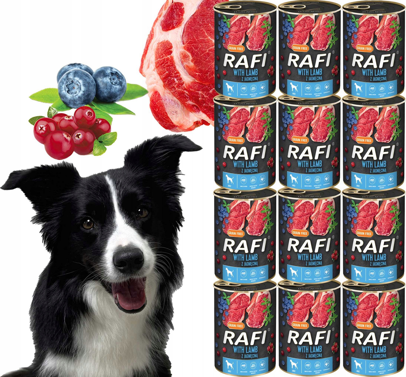 Krmivo pro psy Rafi s jehněčím masem, borůvkou a brusinkami 400 g 12 ks