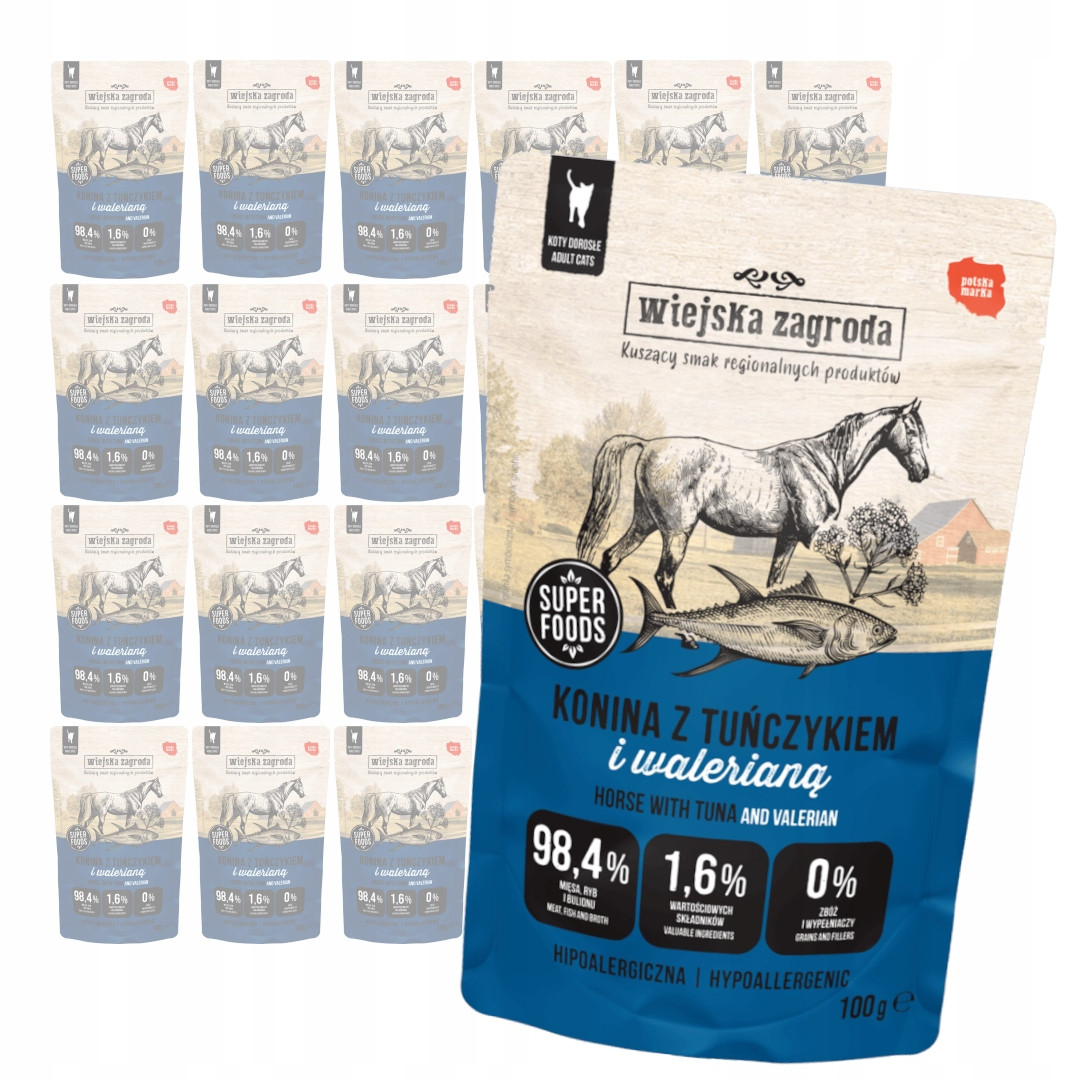 Wiejska Zagroda 24x100 g Mokré Krmivo Pro Kočky Konina Tuňák a valerián