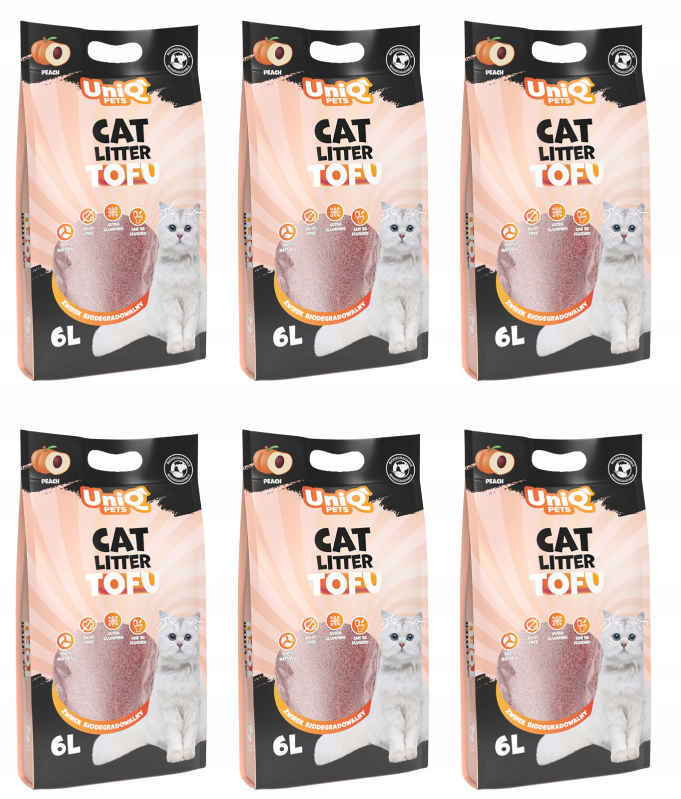 Uniq Pets Stelivo Tofu pro kočky biologicky rozložitelné Broskev 6L x 6 Ks