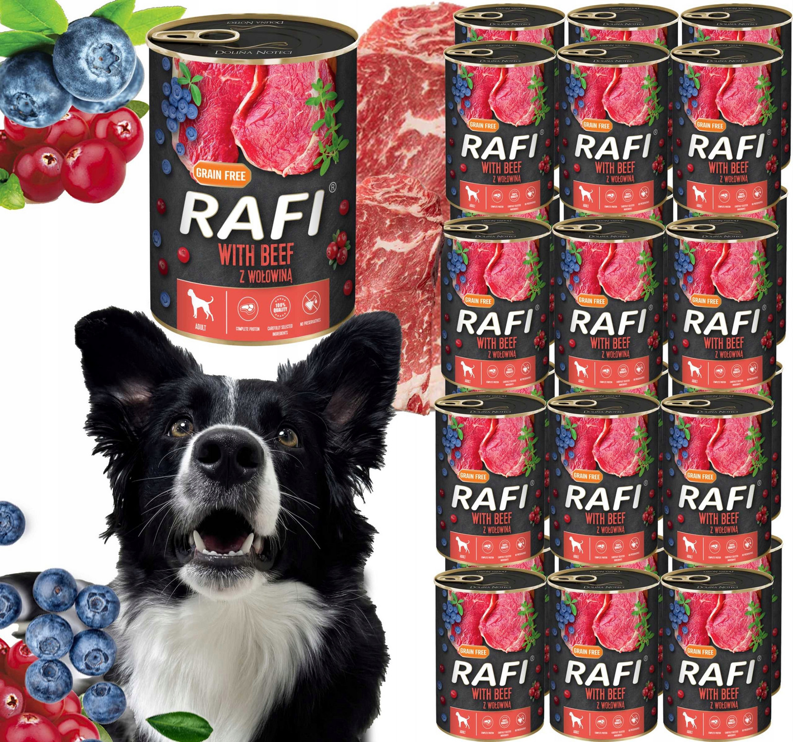 Krmivo pro psy Rafi s hovězím masem, borůvkou a brusinkami 400 g 24 ks