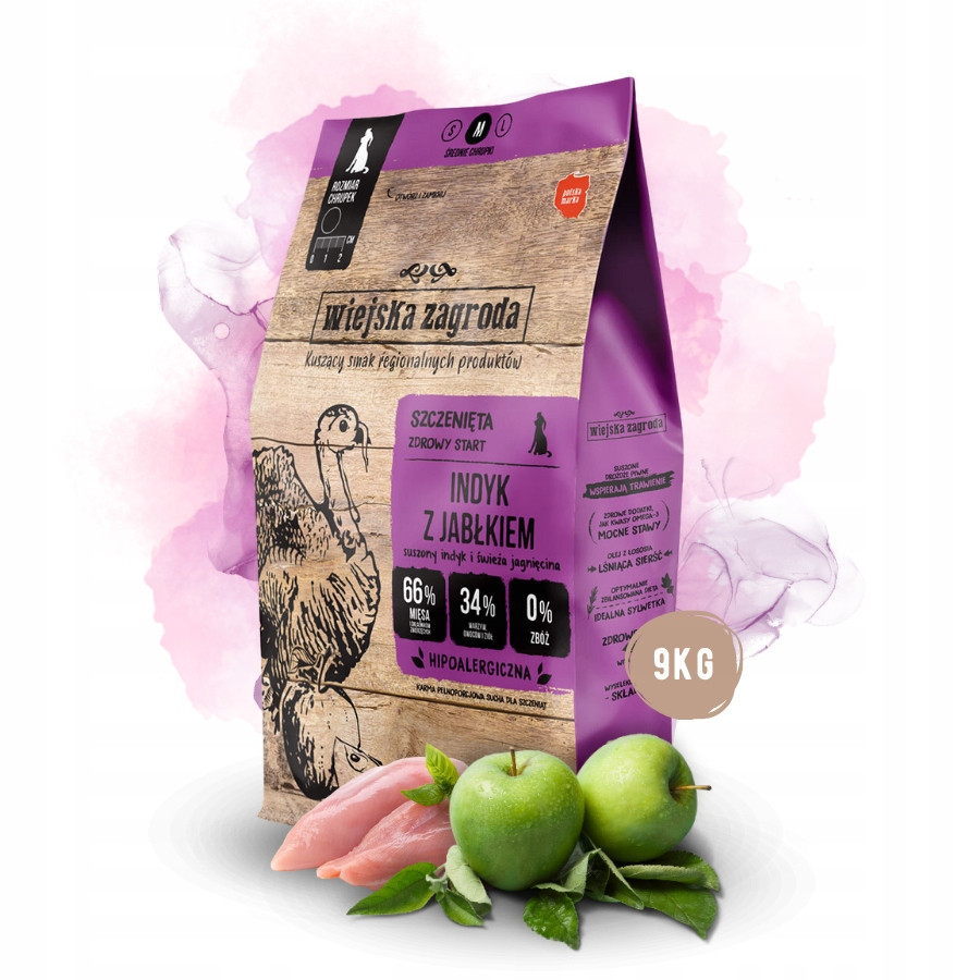 Wiejska Zagroda Krmivo suché pro štěňata Krůta Jablko Střední plemena M 9 kg