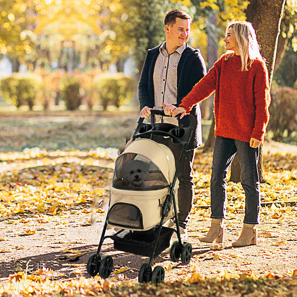 PawHut Kočárek pro psy do 32 cm, skládací, khaki