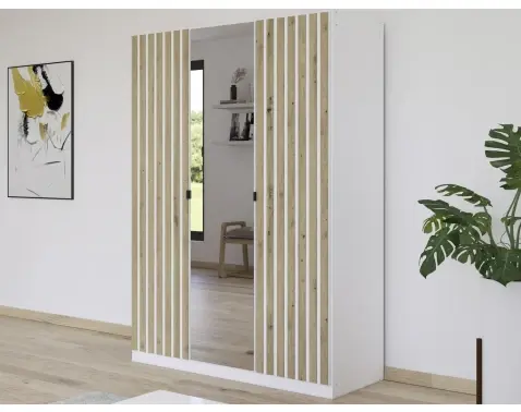 Šatní skříň se zrcadlem Genua, 136 cm, bílá/dub artisan