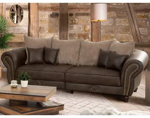 Velká pohovka Carlos, hnědá látka ve vintage optice kůže/béžová strukturovaná látka