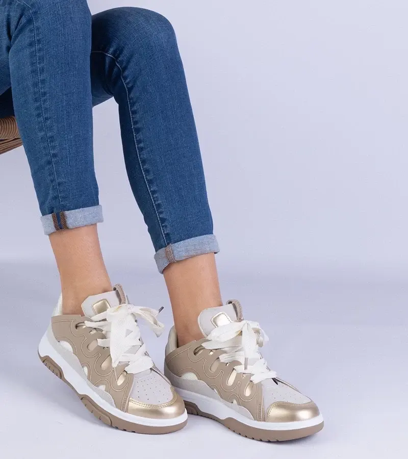 marka niezdefiniowana Beige women's sneakers with decorative laces Grejs